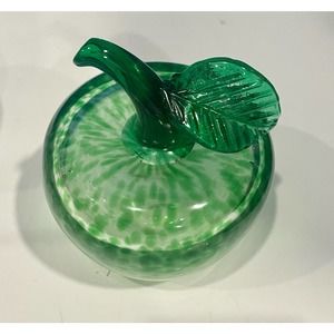 Art Glass Paperweight HAND BLOWN GREEN SPLATTER APPLE WITH GREEN STEM